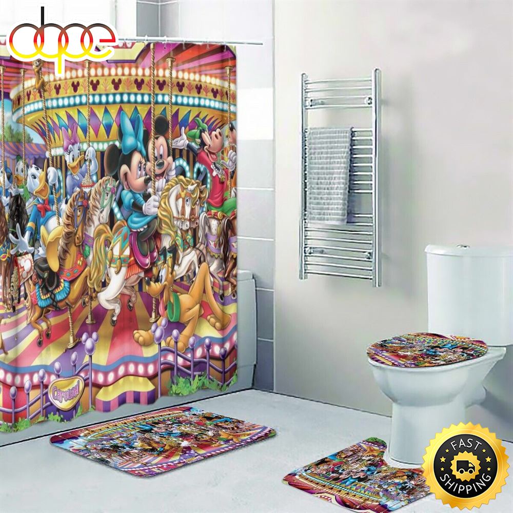 Mickey And Friends Carousel Print Shower Curtain Bath Math Toilet Lid Cover Mat