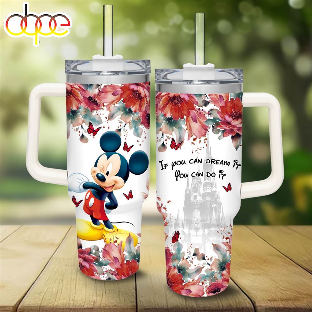 Mickey Flower Pattern 40oz Tumbler With Handle And Straw Lid