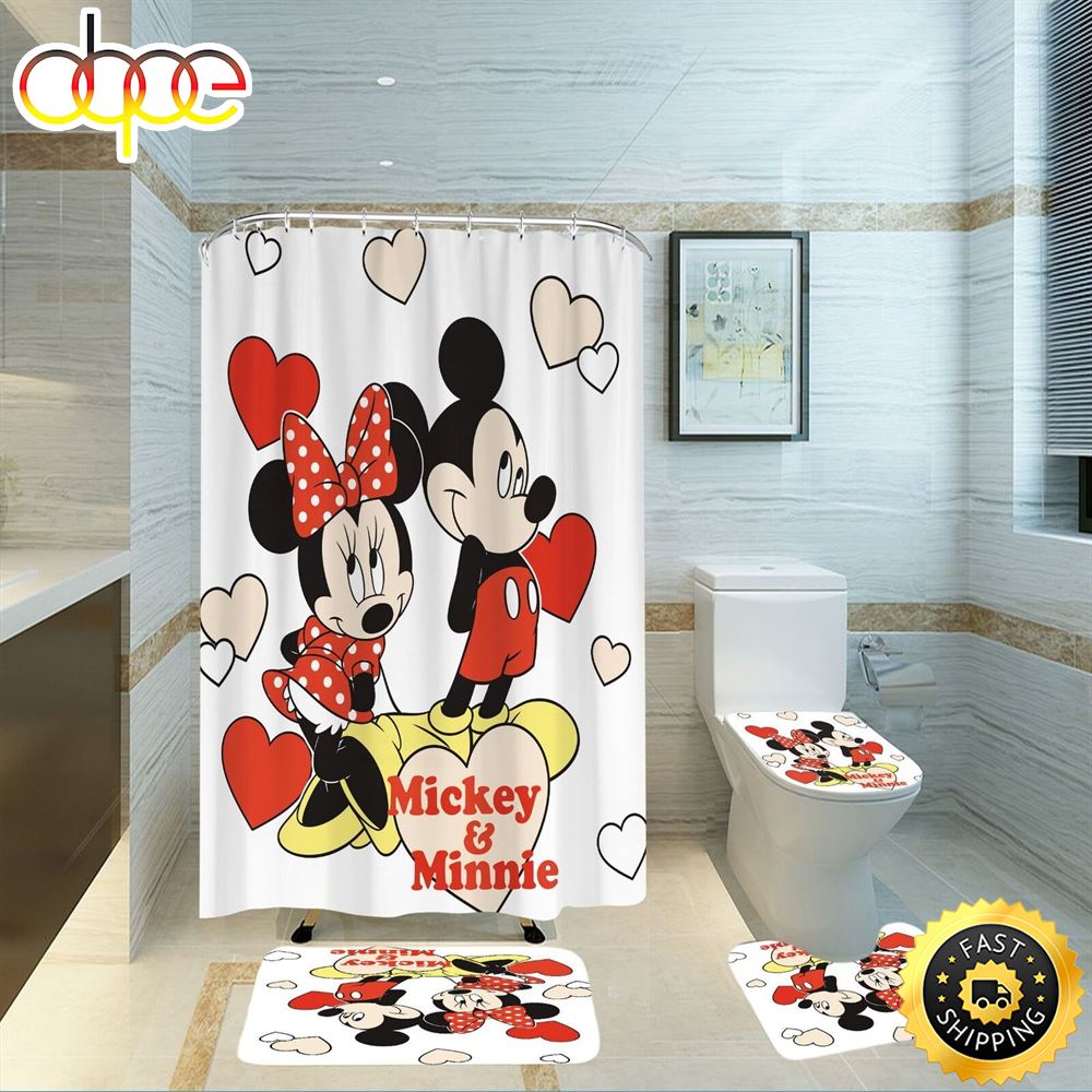 Mickey Minnie Cartoon Waterproof Shower Curtain Bath Mat Toilet Cover Mat Set