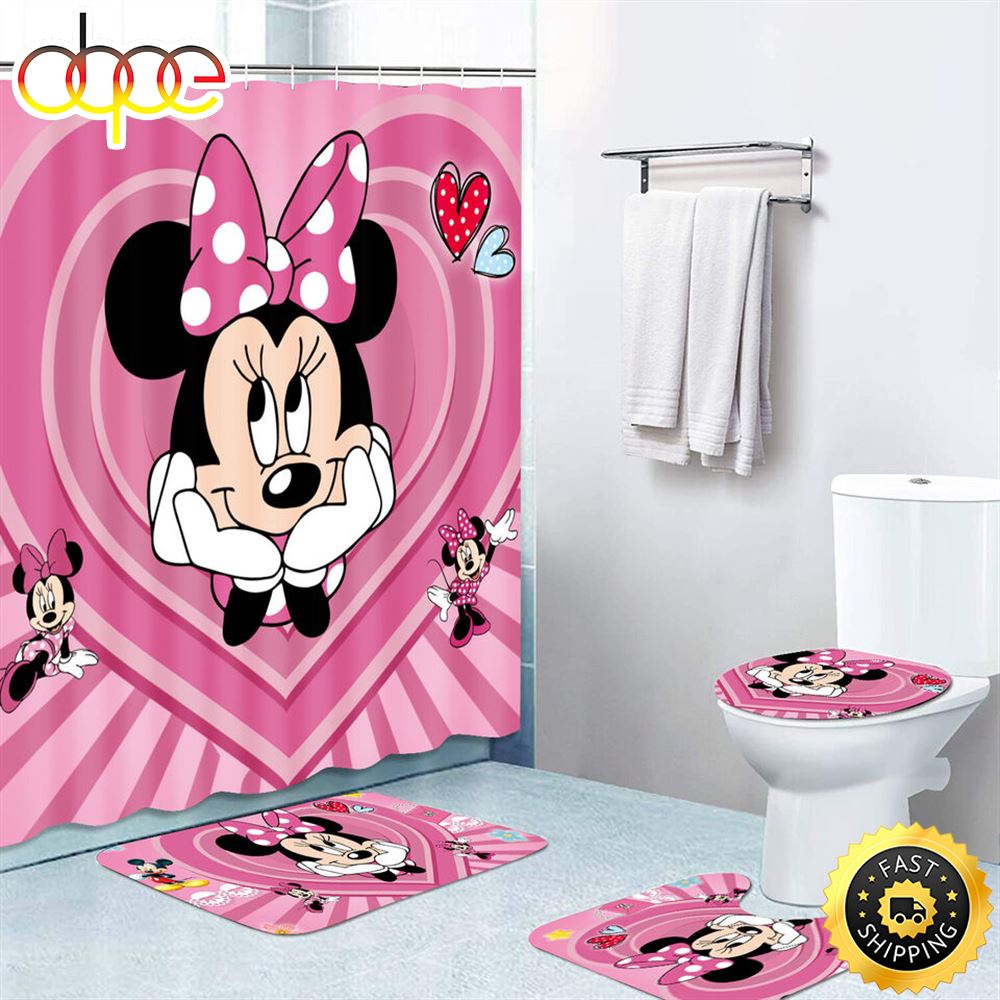 Mickey Minnie Mouse Bathroom Set Shower Curtain Bath Mat Toilet Lid Cover