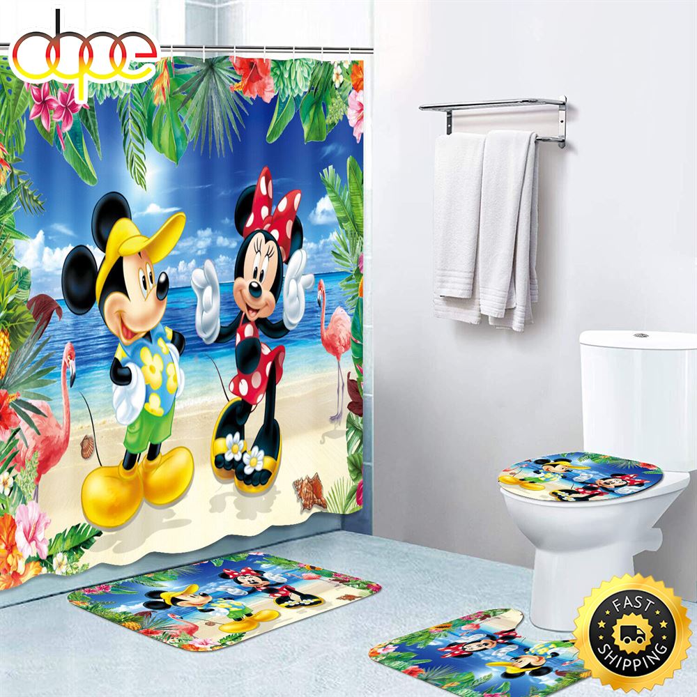 Mickey Mouse Bathroom Set Shower Curtain Non Slip Bath Mat Toilet Lid Cover 4pcs