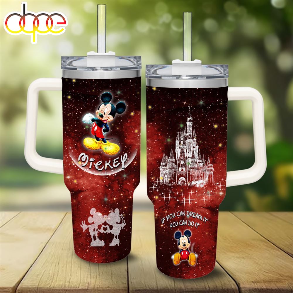 Mickey Mouse Castle Glitter Pattern 40oz Tumbler With Handle And Straw Lid