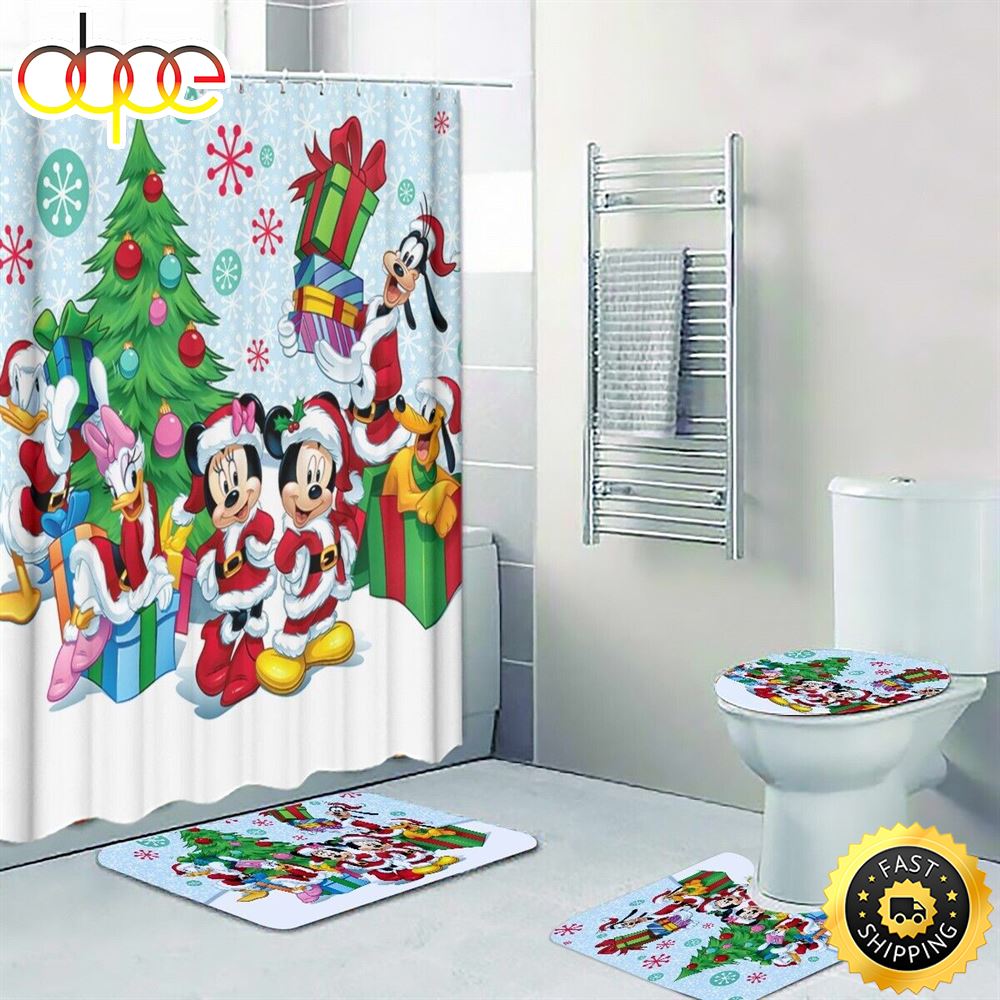 Mickey Mouse Christmas Gift Print Shower Curtain Bath Math Toilet Lid Cover Mat