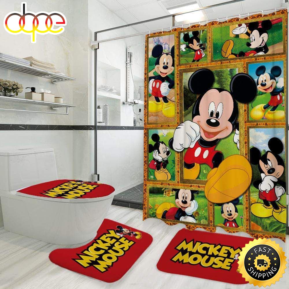 Mickey Mouse Posing Scenes Bathroom Shower Curtain Set