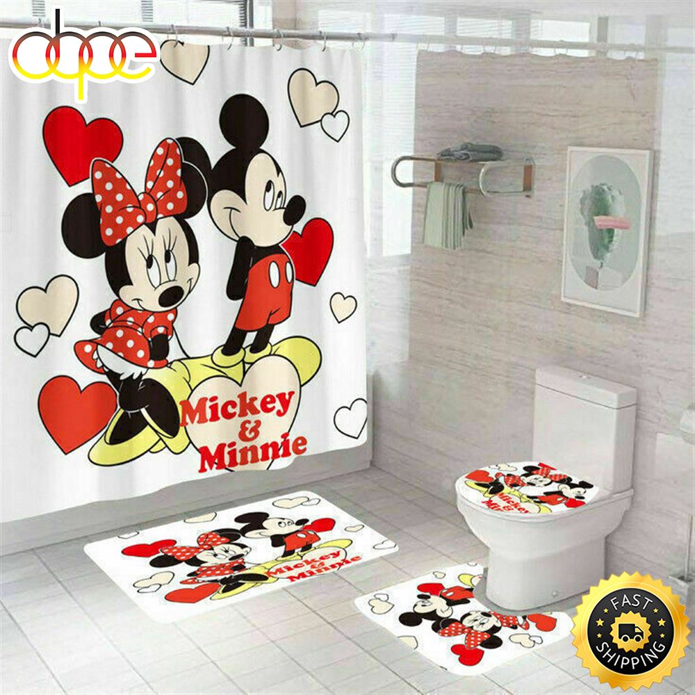 Mickey Mouse Shower Curtain Set Waterproof Bath Toilet Cover Rug