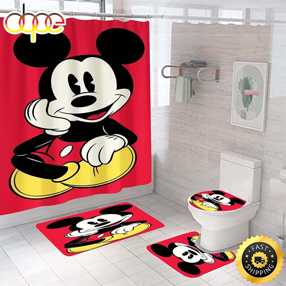 Mickey Mouse Sitting In Red Background Bathroom Accessory Set