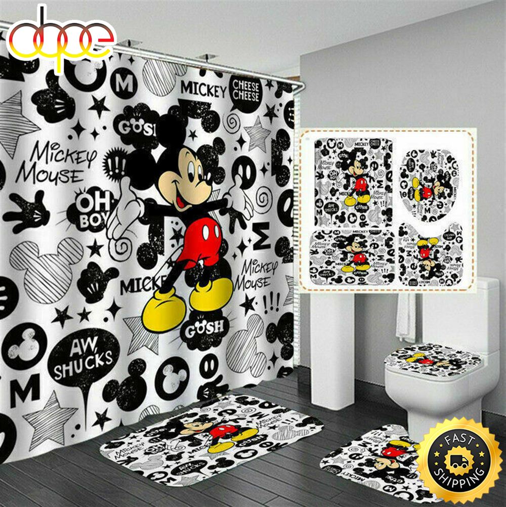 Mickey Shower Curtain Set Waterproof Bath Toilet Cover Rug