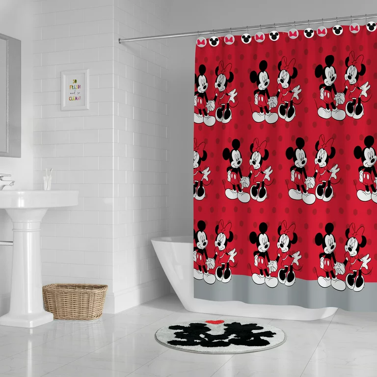 Minnie And Mickey Mouse 14 Piece Shower Curtain Set With Tufted Rug