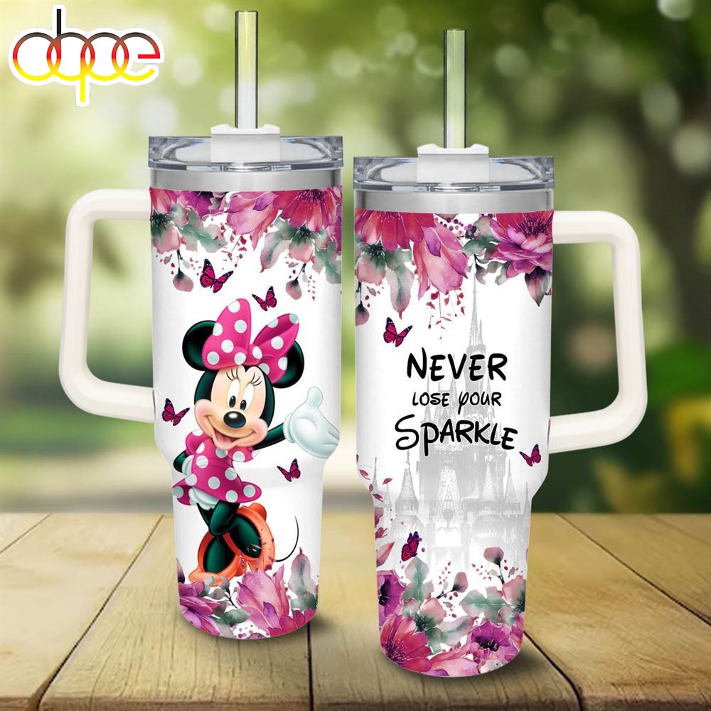 Minnie Mouse Flower Pattern 40oz Tumbler With Handle And Straw Lid