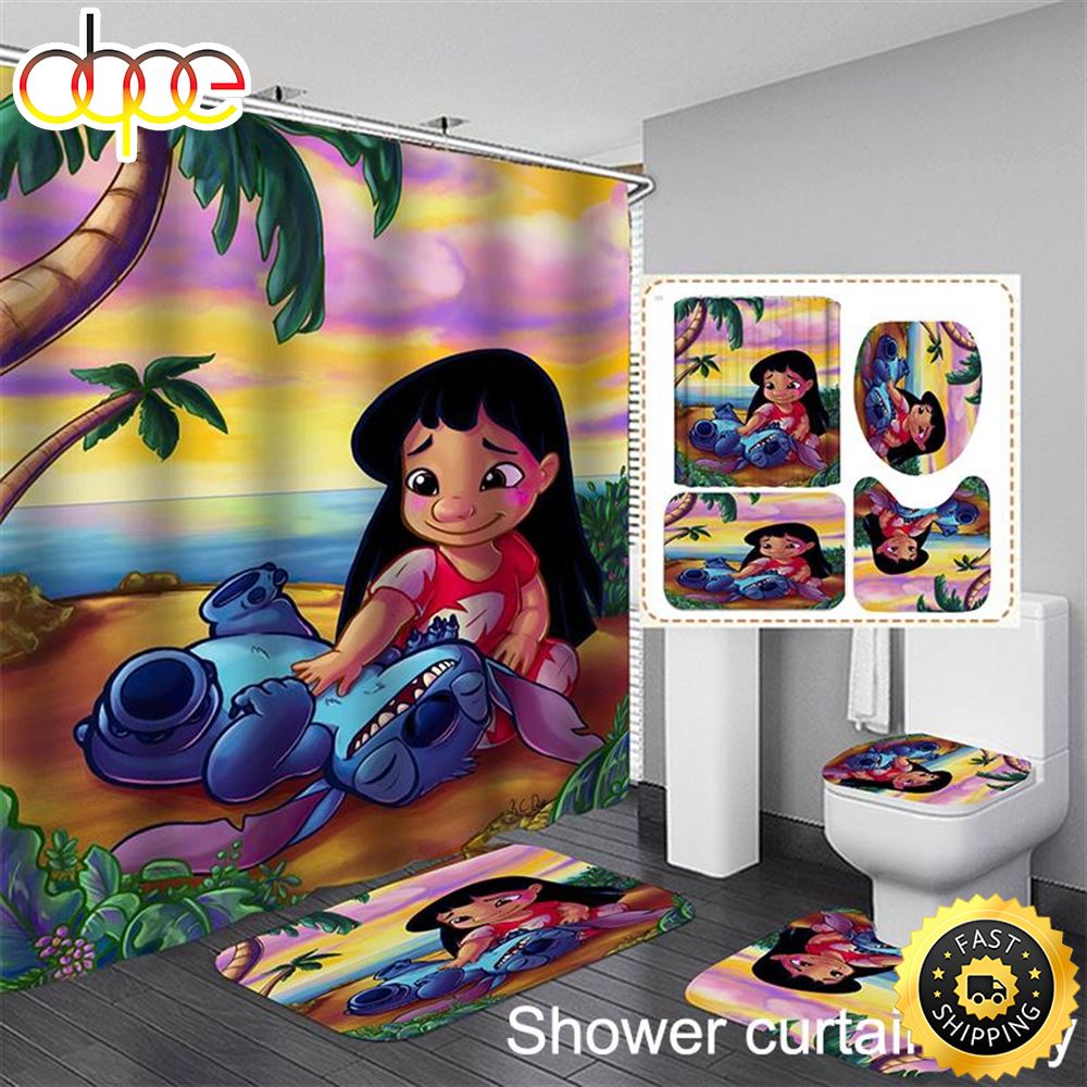 Movie Lilo Stitch Waterproof Shower Curtain Bathroom Mat Rug Toilet Cover Mat