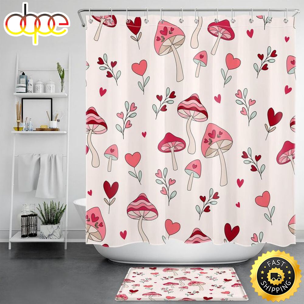 Mushroom Love Valentines Day Shower Curtains Romantic Gift Valentine Decoration Bathroom Decor
