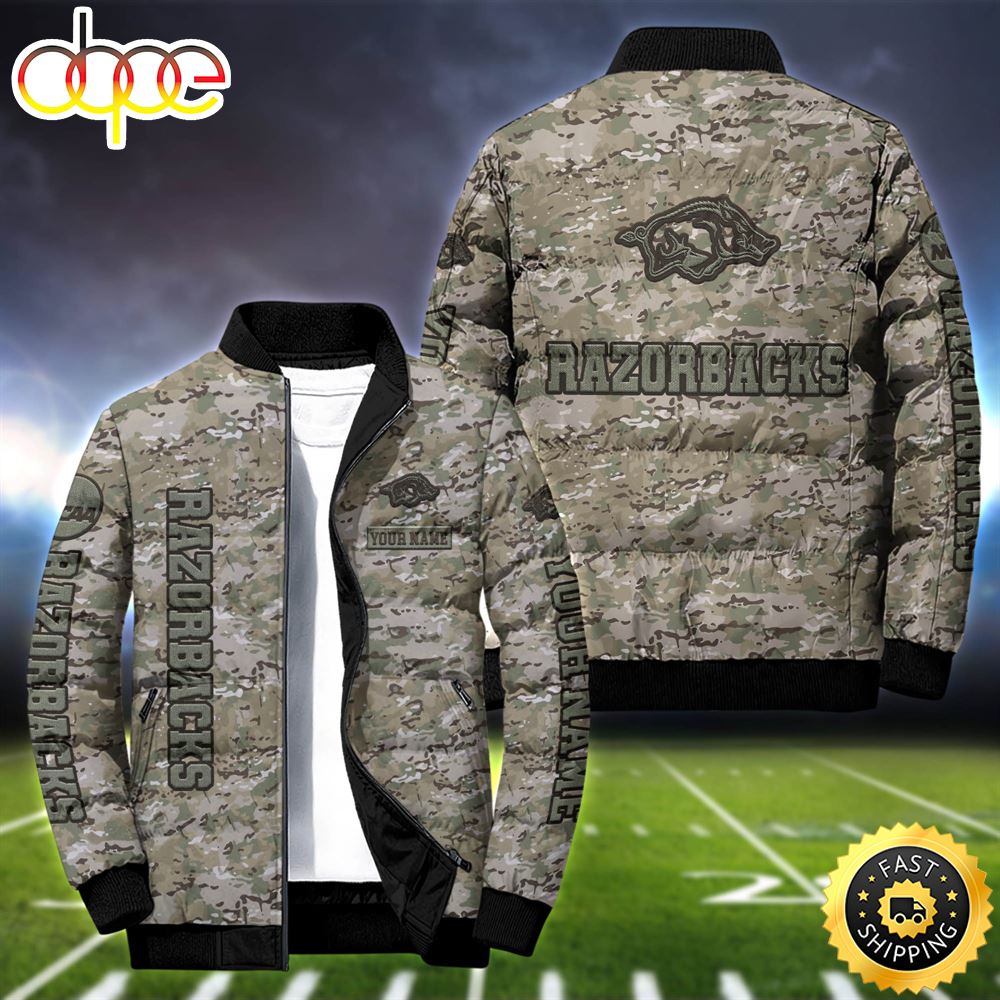 NCAA Camo Vetaran Arkansas Razorbacks Football Team Puffer Jacket Personalized Your Name