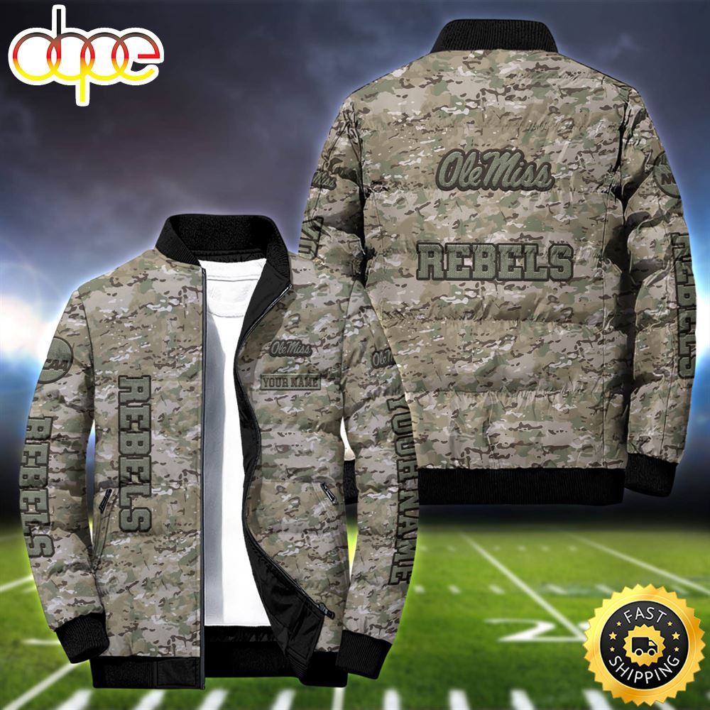 NCAA Camo Vetaran Ole Miss Rebels Football Team Puffer Jacket Personalized Your Name