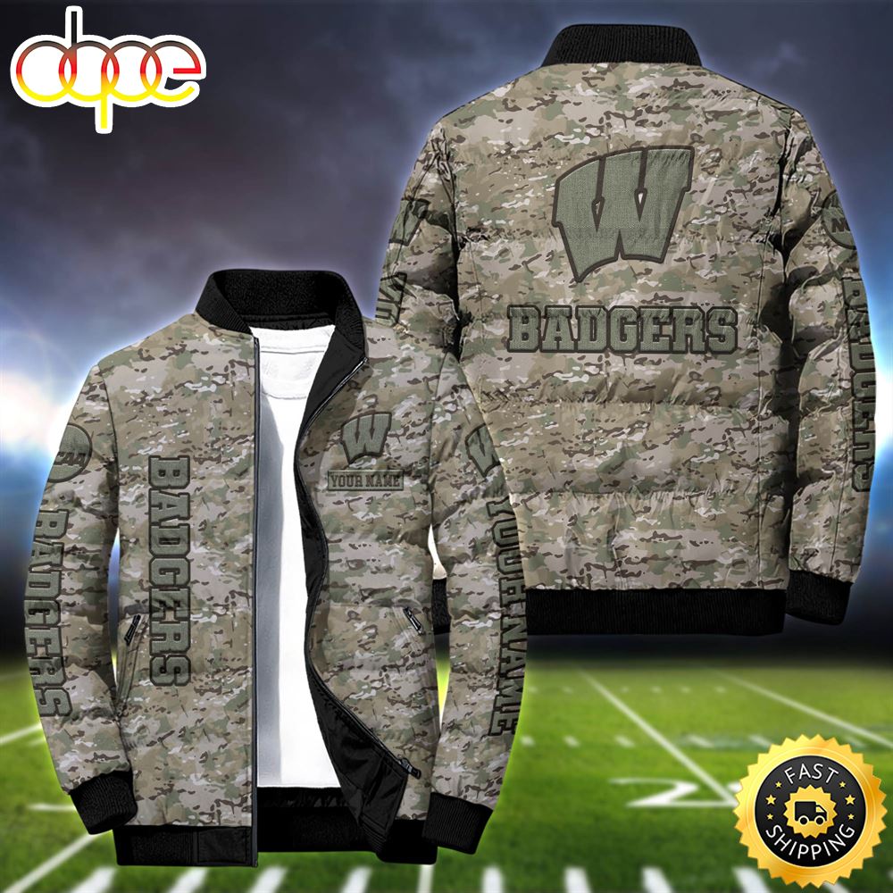 NCAA Camo Vetaran Wisconsin Badgers Football Team Puffer Jacket Personalized Your Name