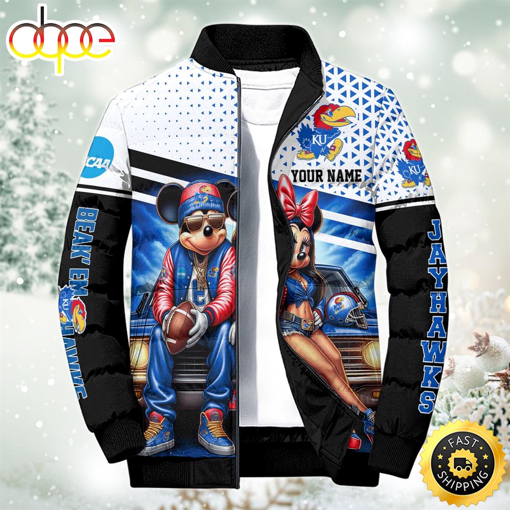 NCAA Mickey And Minnie Mouse Kansas Jayhawks Puffer Jacket Custom