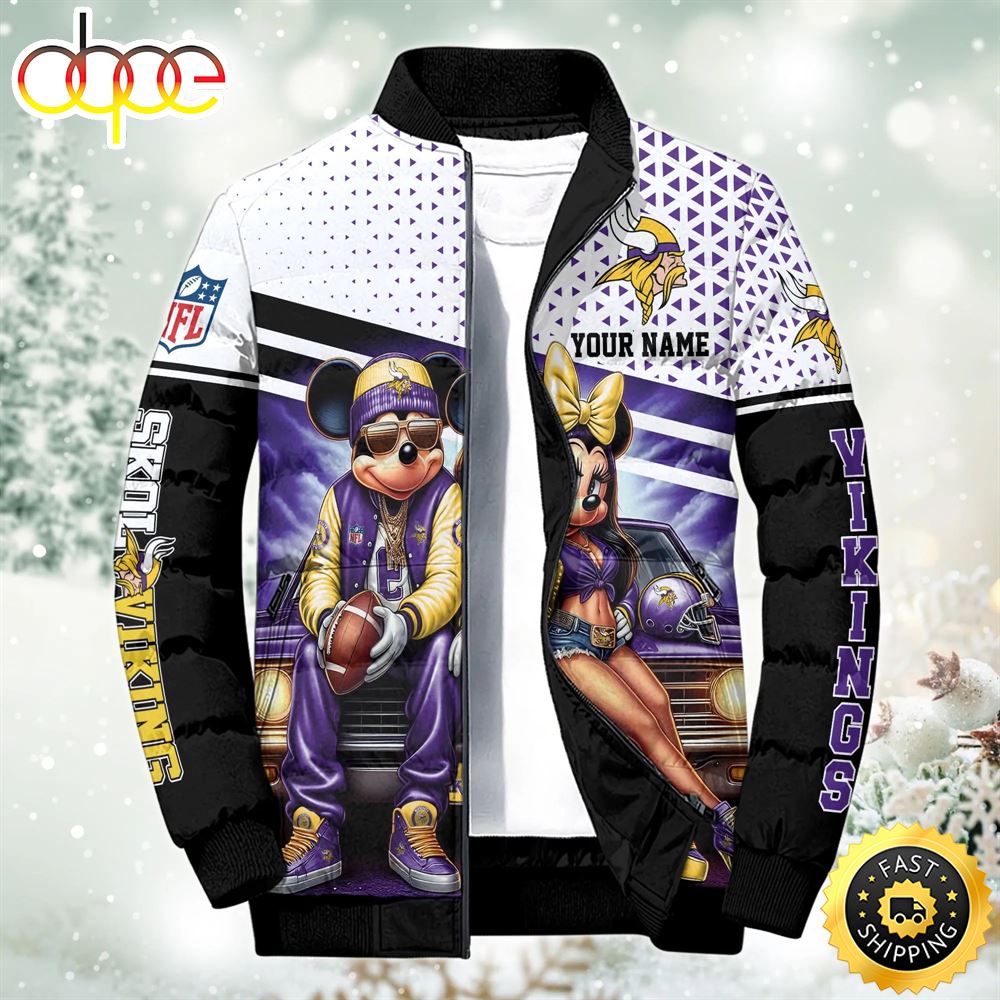 NCAA Mickey And Minnie Mouse Minnesota Vikings Puffer Jacket Custom