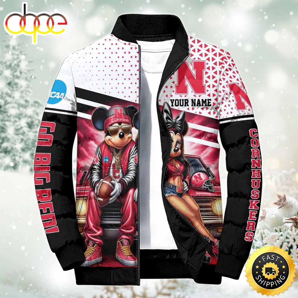 NCAA Mickey And Minnie Mouse Nebraska Cornhuskers Puffer Jacket Custom