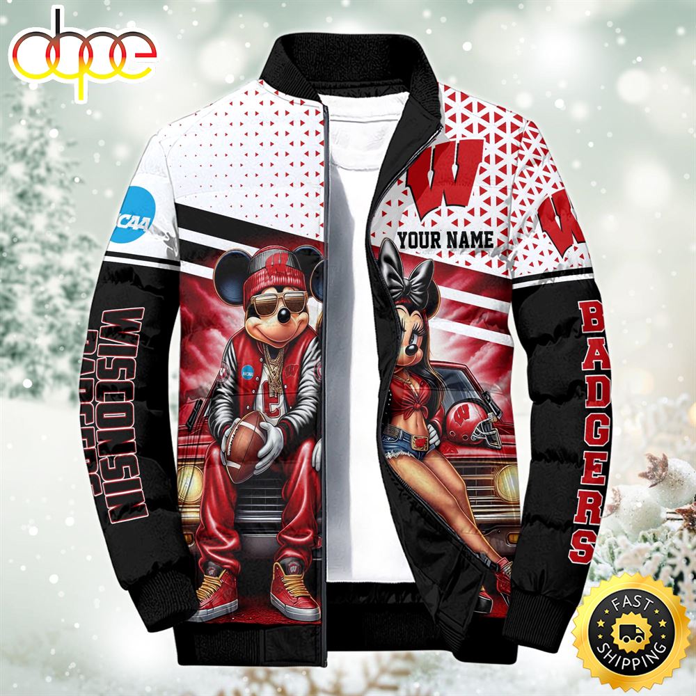 NCAA Mickey And Minnie Mouse Wisconsin Badgers Puffer Jacket Custom