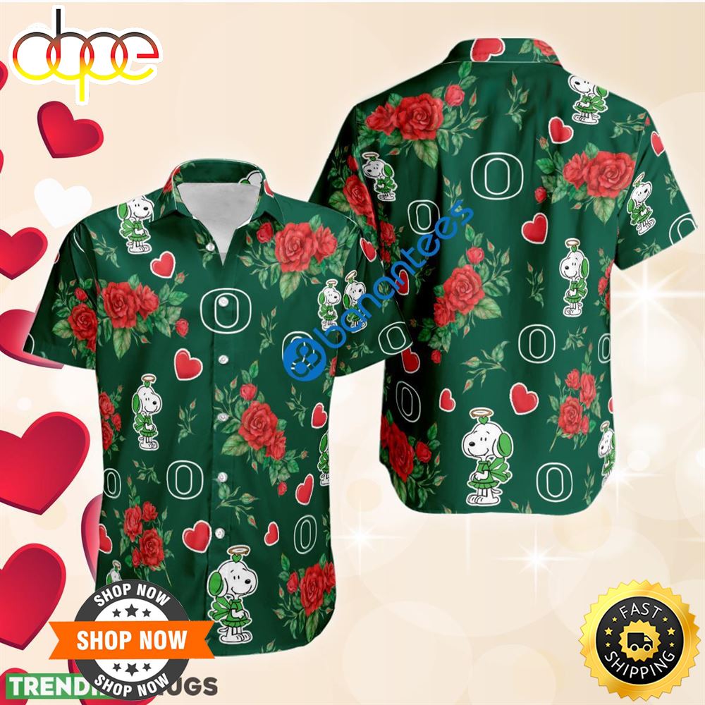 NCAA Oregon Ducks And Snoopy Girl Cute Rose Love Hawaiian Shirt Short Sleeve Valentines Day Uxs3rg.jpg