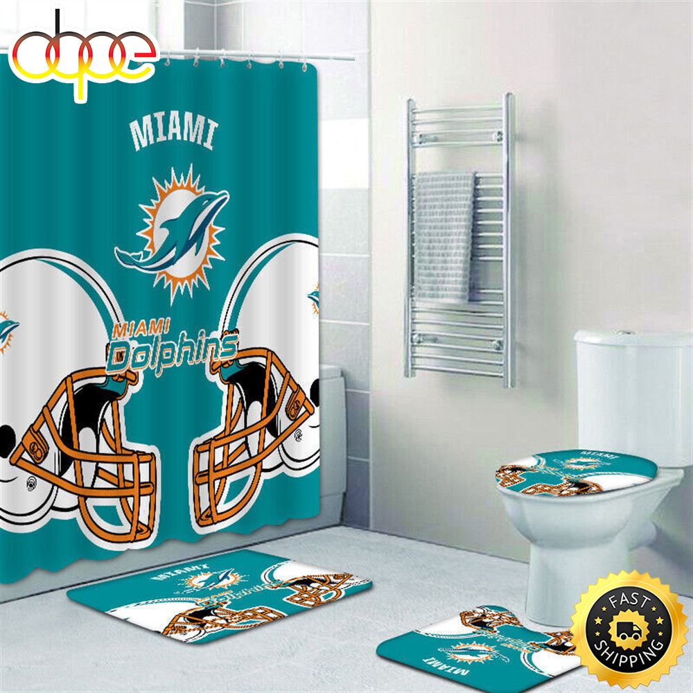 NFL 3d Miami Dolphins Bathroom Set Shower Curtain Non Slip Rug Toilet Lid Cover Mat 4pc