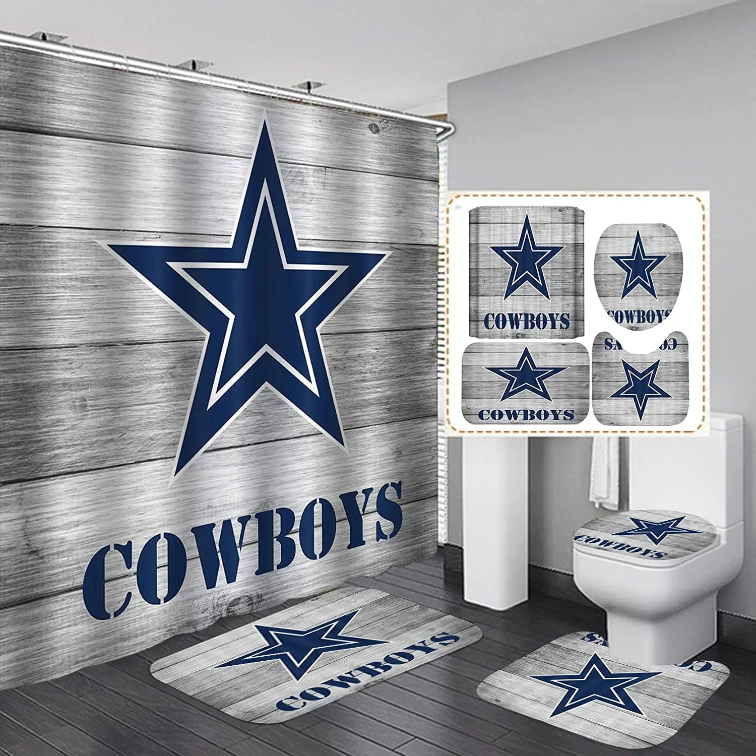 NFL 4pcs Sports Shower Curtain Set American Football Grey Helmet Texas Star