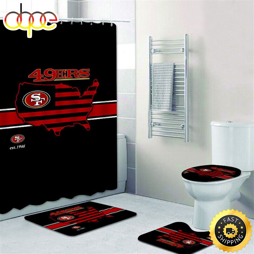 NFL Black San Francisco 49ers 4pcs Bathroom Shower Curtain Set Bath Mats Toilet Lid Cover