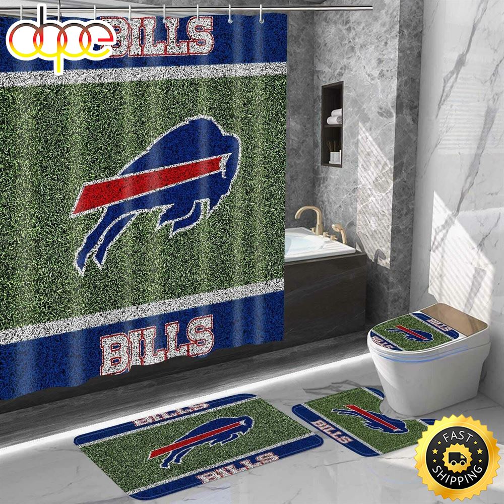 NFL Buffalo Bills 4pc Bathroom Set Shower Curtain Non Slip Rugs Toilet Lid Cover Mat