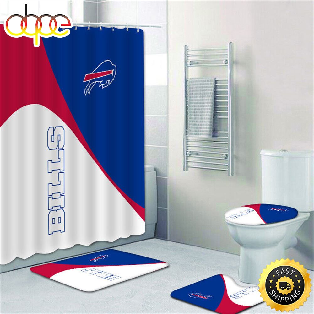 NFL Buffalo Bills Shower Curtain Non Slip Bath Mat Toilet Lid Cover Rug Bathroom Set 3d