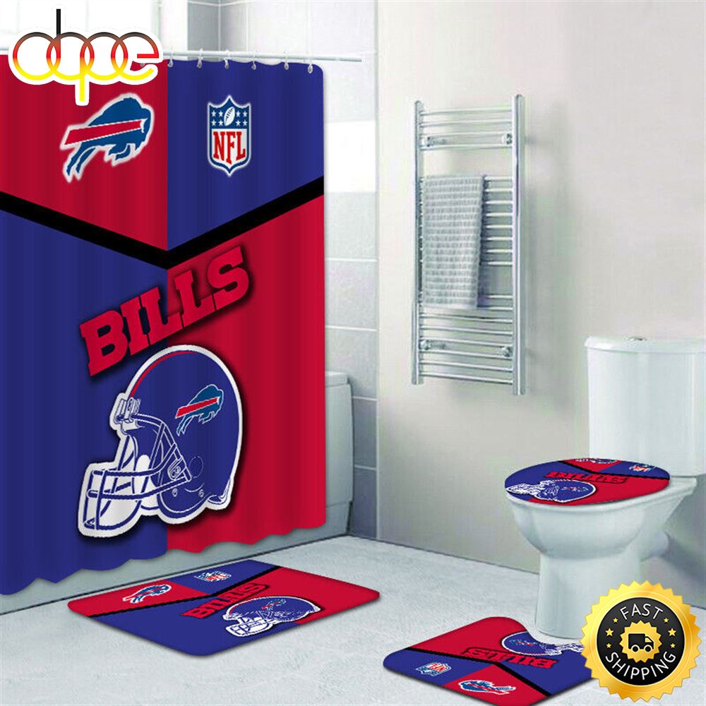 NFL Buffalo Bills Shower Curtain Non Slip Bath Mat Toilet Lid Cover Rug Bathroom Set