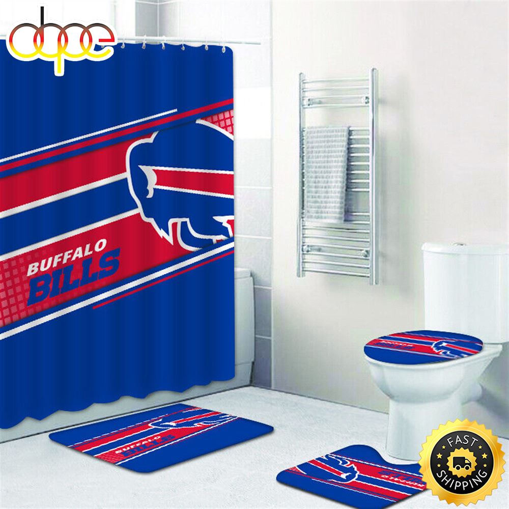 NFL Buffalo Bills Shower Curtain Non Slip Bath Mat Toilet Lid Cover Rug Bathroom Sets 3d