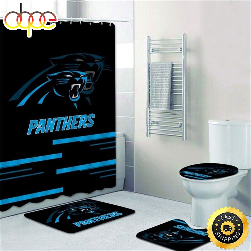 NFL Carolina Panthers 4pcs Bathroom Rugs Set Shower Curtain Toilet Lid Cover Decor 3d