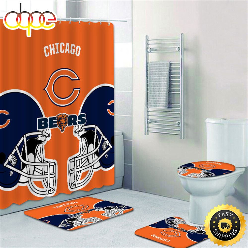 NFL Chicago Bears 4pcs Bathroom Set Shower Curtain Non Slip Rug Toilet Lid Cover Mat 3d