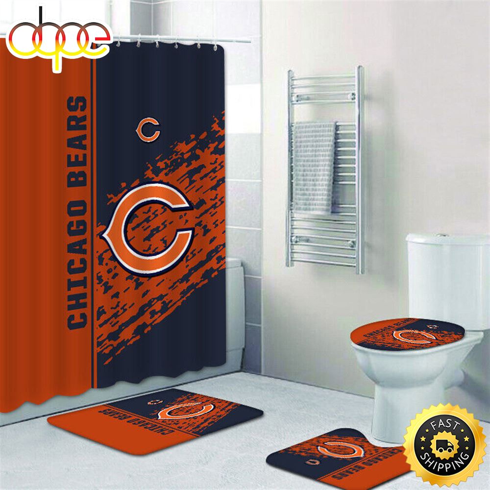 NFL Chicago Bears 4pcs Bathroom Set Shower Curtain Non Slip Rug Toilet Lid Cover Mat