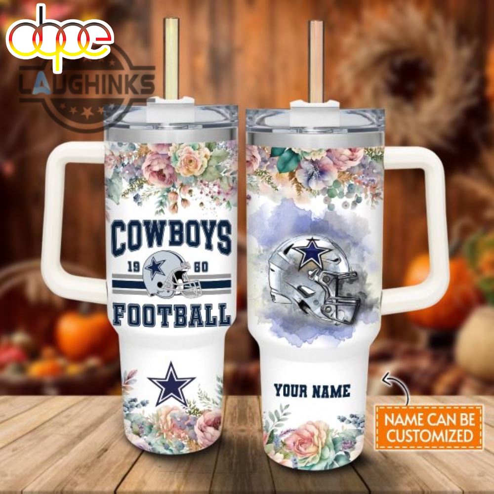 NFL Custom Name Dallas Cowboys Helmet Flame Pattern 40Oz Stainless Steel Tumbler With Handle And Straw Lid 40 Oz Stanley Travel Cups NEW 1