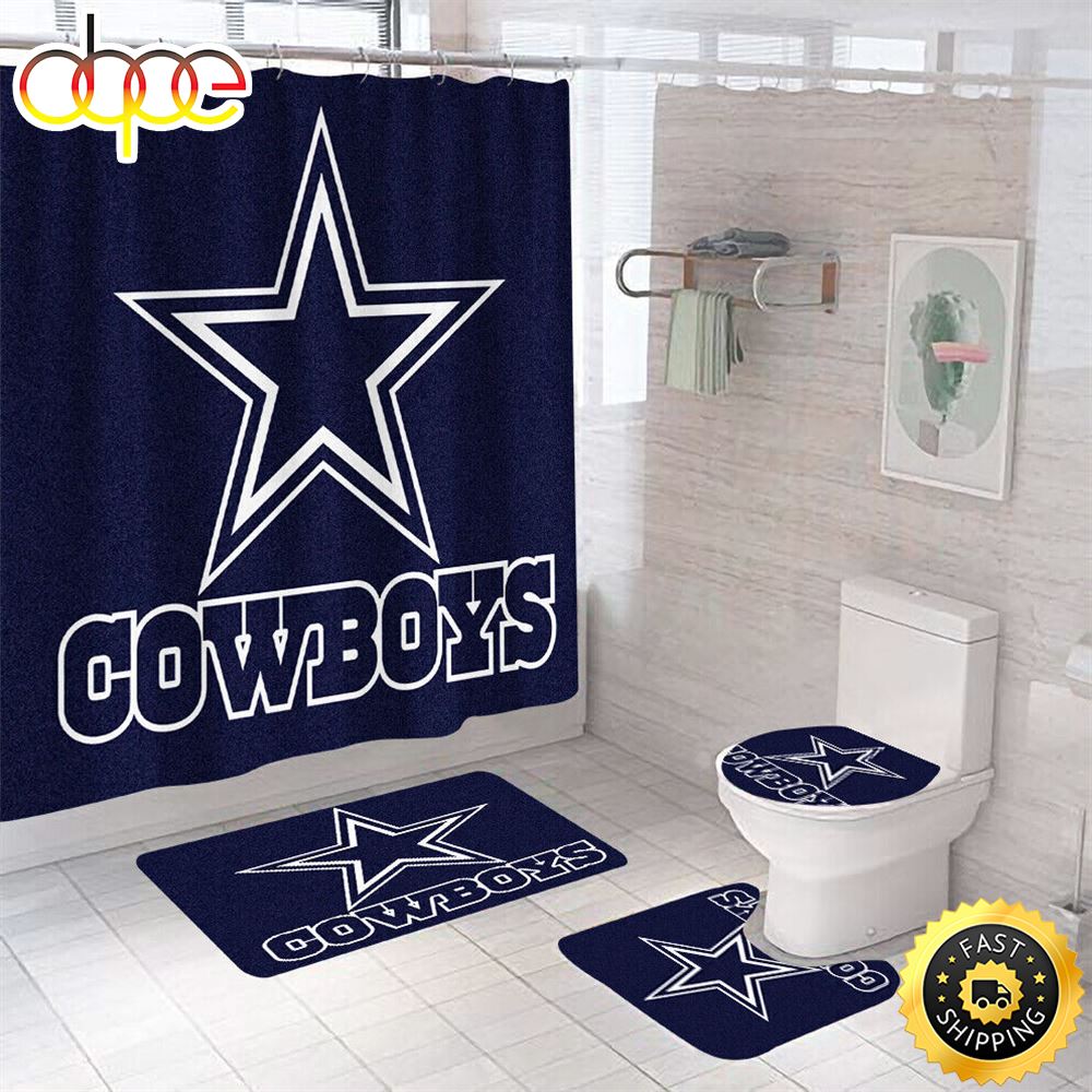 NFL Dallas Cowboys 4pcs Bathroom Rugs Set Bath Shower Curtains Toilet Lid Covers Mats