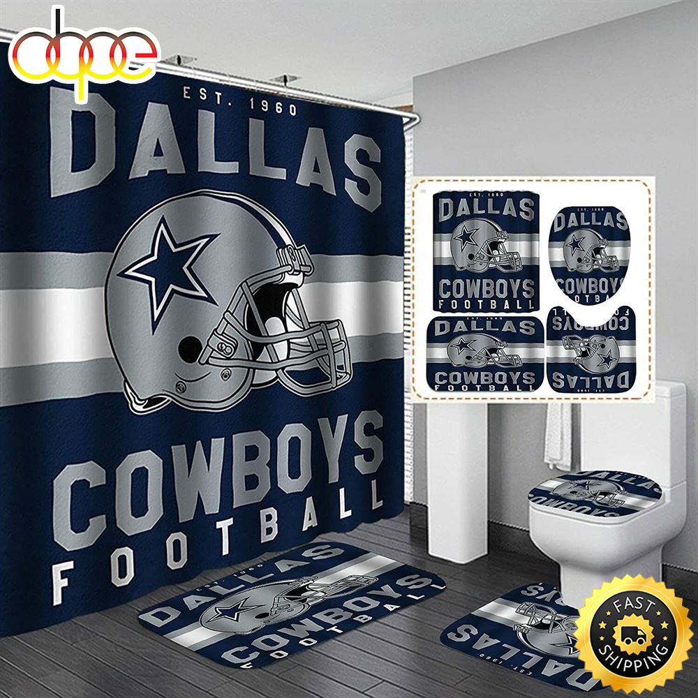 NFL Dallas Cowboys 4pcs Bathroom Rugs Shower Curtain Bath Mat Toilet Lid Cover