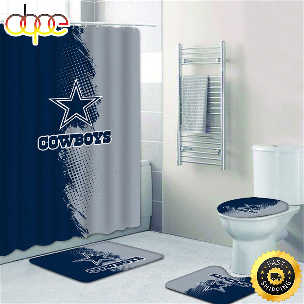 NFL Dallas Cowboys 4pcs Shower Curtain Set Bath Mat U Shape Rug Toilet Lid Cover