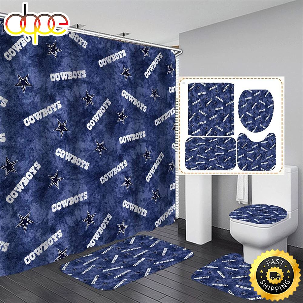 NFL Dallas Cowboys Bathroom Set Shower Curtains Non Slip Rugs Toilet Lid Cover Mats Logo