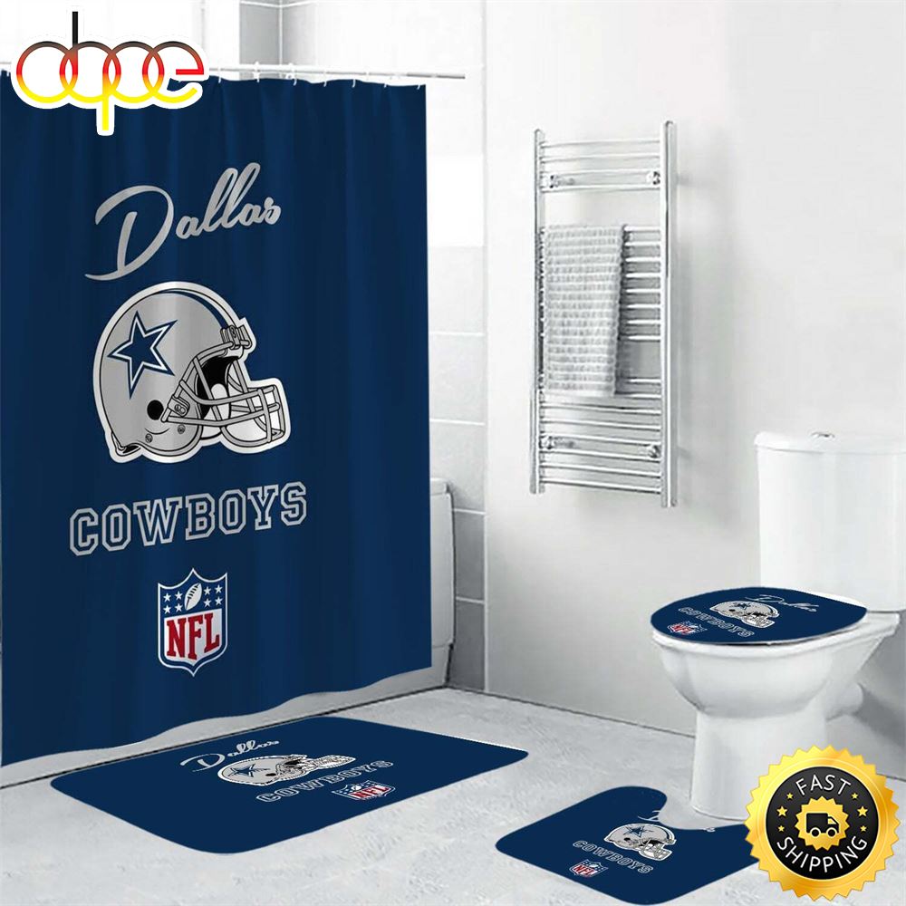 NFL Dallas Cowboys Bathroom Set Shower Curtains Non Slip Rugs Toilet Lid Cover Mats