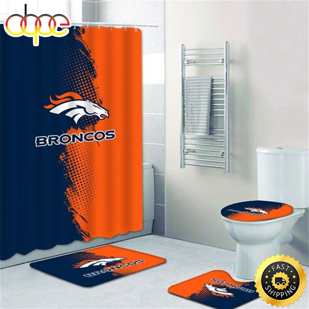 NFL Denver Broncos 4 Pieces Bathroom Rugs Set Shower Curtain Toilet Lid Cover Decor 3d