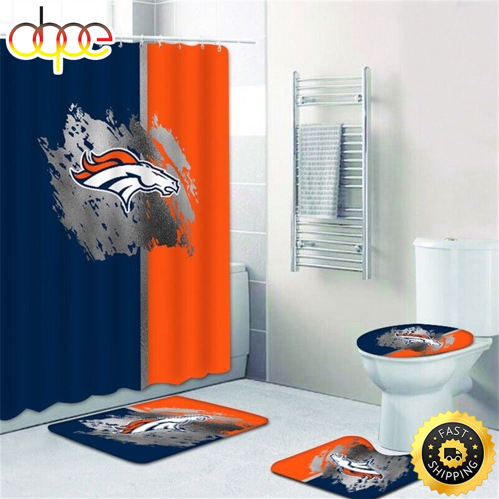 NFL Denver Broncos 4 Pieces Bathroom Rugs Set Shower Curtain Toilet Lid Cover Decor New