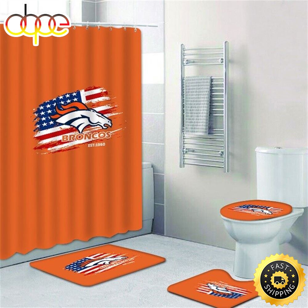 NFL Denver Broncos 4 Pieces Bathroom Rugs Set Shower Curtain Toilet Lid Cover Decor