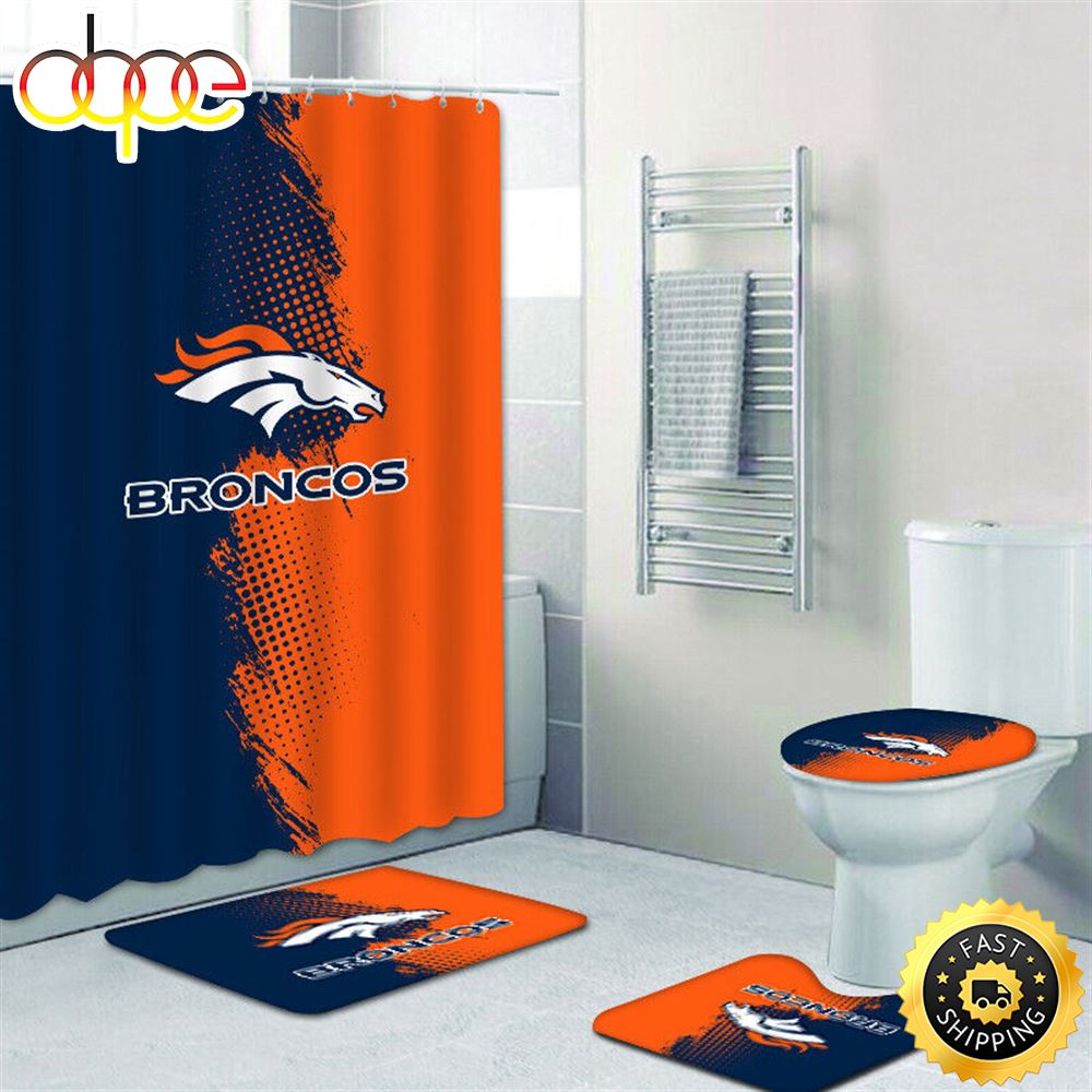 NFL Denver Broncos Bathroom 4pcs Rugs Set Bath Mat Shower Curtain Toilet Lid Cover 3d