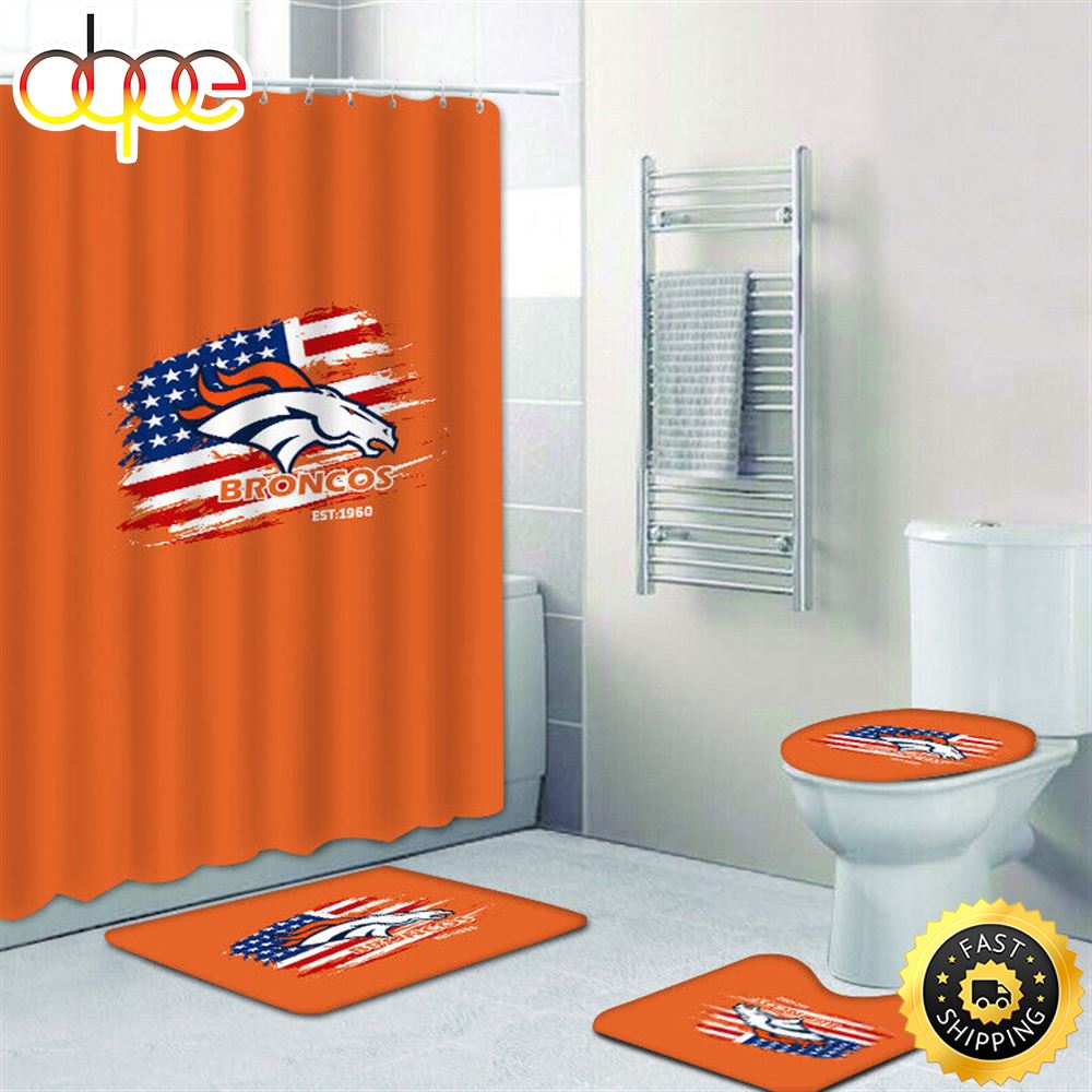 NFL Denver Broncos Bathroom 4pcs Rugs Set Bath Mat Shower Curtain Toilet Lid Cover Flag