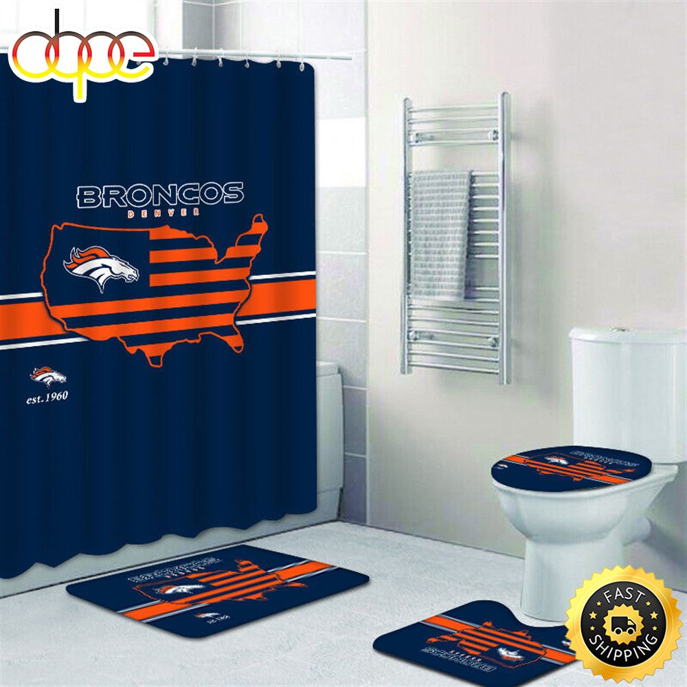 NFL Denver Broncos Bathroom 4pcs Rugs Set Bath Mat Shower Curtain Toilet Lid Cover Set