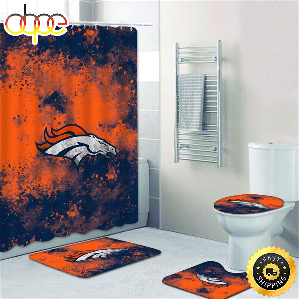 NFL Denver Broncos Bathroom 4pcs Rugs Set Bath Mat Shower Curtain Toilet Lid Cover St