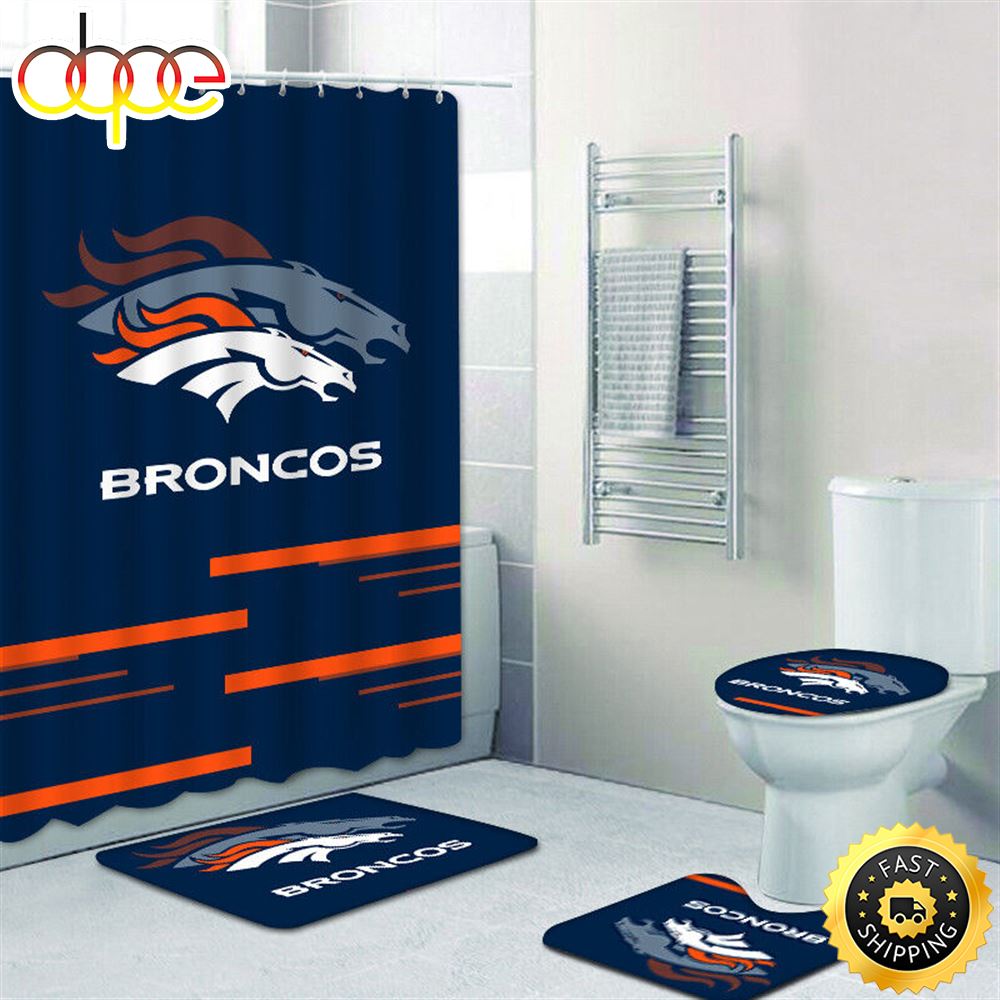 NFL Denver Broncos Bathroom 4pcs Rugs Set Bath Mat Shower Curtain Toilet Lid Cover