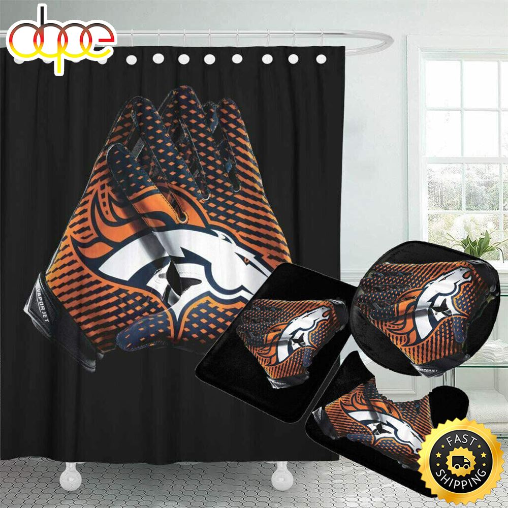 NFL Denver Broncos Bathroom Set Shower Curtains Non Slip Rugs Toilet Lid Cover Mats