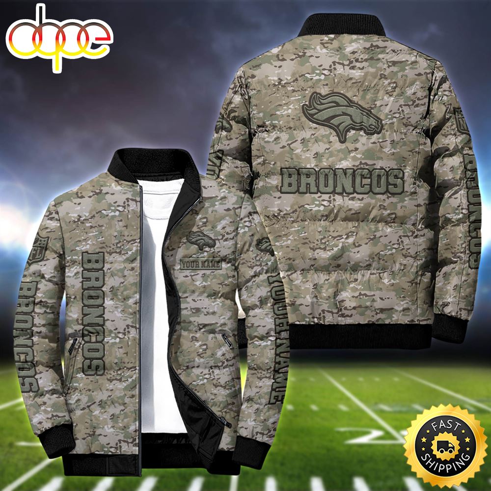 NFL Denver Broncos Camo Vetaran Puffer Jacket Personalized Your Name
