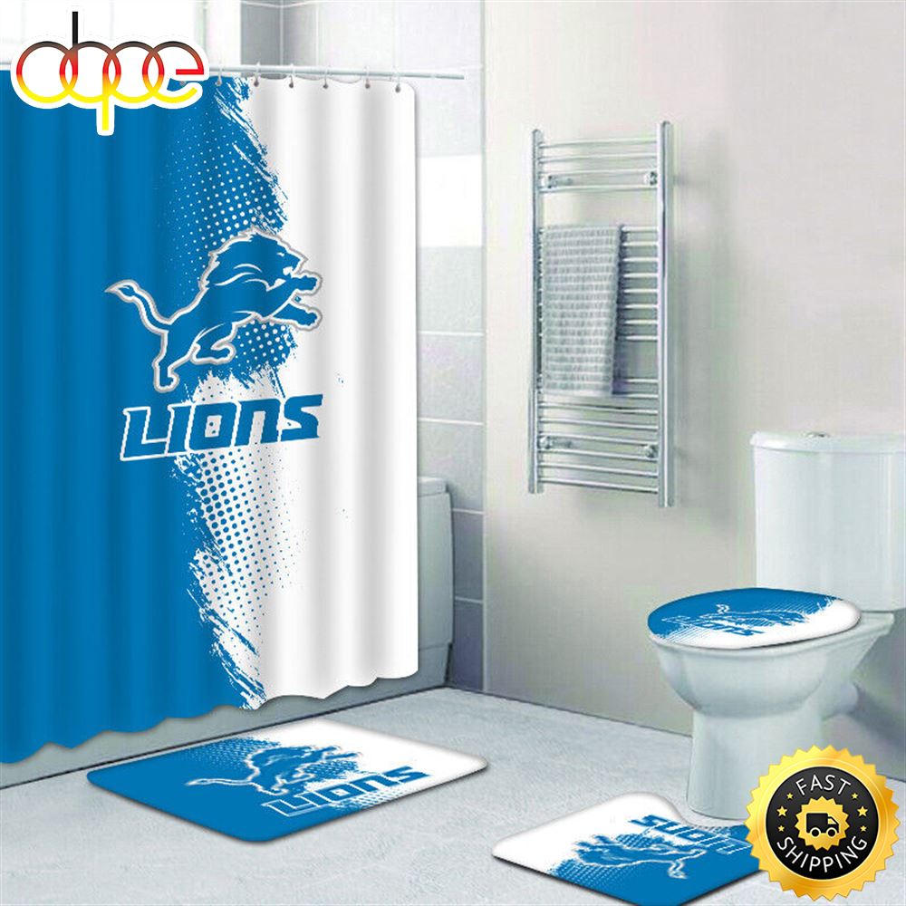 NFL Detroit Lions Non Slip Rugs Toilet Lid Cover Bath Mat Shower Curtain 4pcs Set